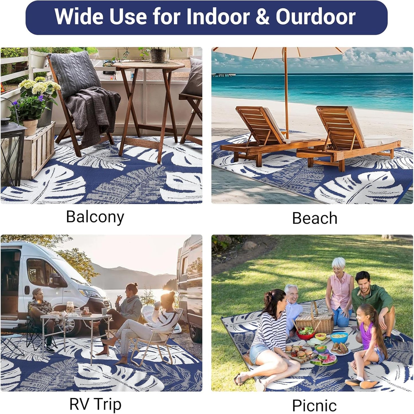 GAOMON Extra Large Outdoor Rug 10x20 Waterproof Plastic Straw Rug Reversible Leaves Patio Carpet, Foldable Portable Picnic Camping Mat with Bag & Stakes, Outside Carpet for Balcony Garden Yard, Blue