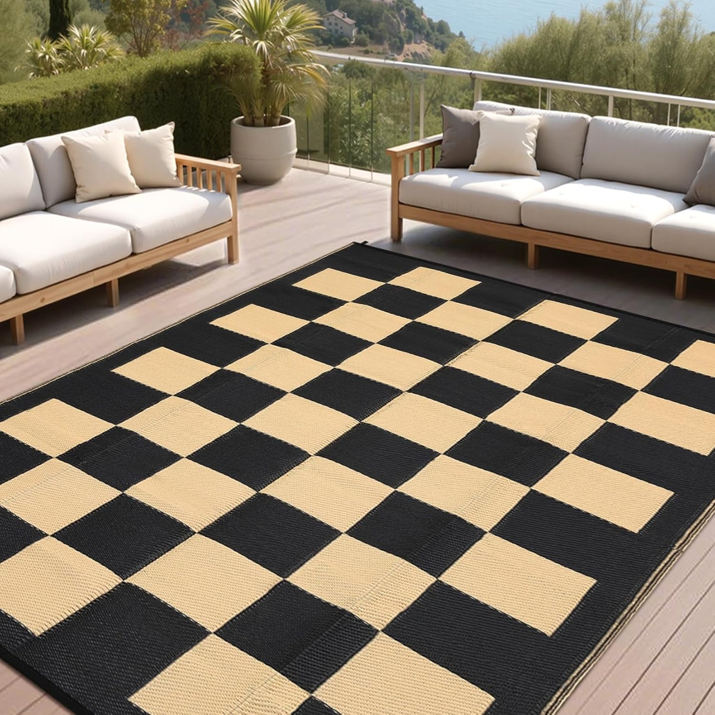 GarveeHome Large Outdoor Rug 9 x 18 Waterproof Modern Checkboard Plastic Straw Rug, Foldable Reversible Camping Mat, UV-Resistant Geometric Plaid Woven Carpet for Picnic, Deck, Black Gray