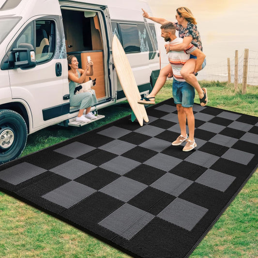 GarveeHome Large Outdoor Rug 9 x 18 Waterproof Modern Checkboard Plastic Straw Rug, Foldable Reversible Camping Mat, UV-Resistant Geometric Plaid Woven Carpet for Picnic, Deck, Black Gray