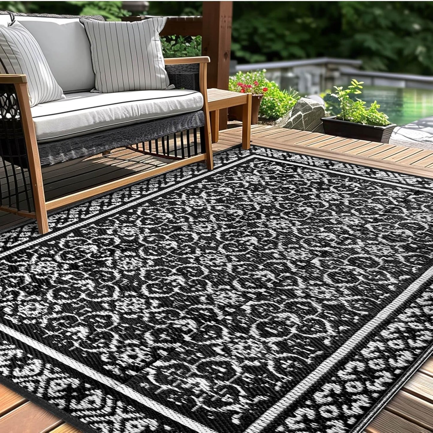 Outdoor Patio Plastic Straw Rug - 9x18 ft Outdoor Camping Rug Waterproof Reversible, Area Carpet Patios Clearance RV, Outside Porch Balcony Deck for Camper, Black & White