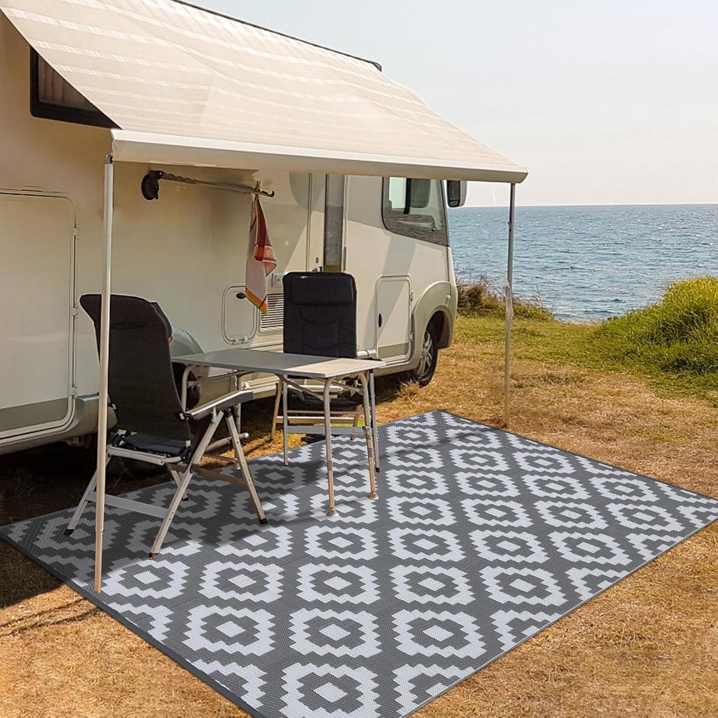 Garvee Outdoor Rug 10'x20' for Patios Clearance, Reversible Outdoor Plastic Straw Waterproof Camping Carpet, Large Area Rugs Patio Mats for Outside RV, Camper, Deck, Porch, Beach, Picnic (Black/Grey)
