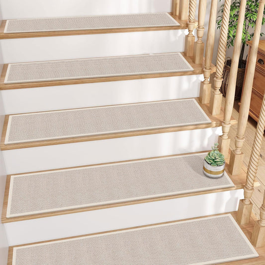GOYLSER Non Slip Stair Treads for Wooden Steps Indoor, 15pcs Rubber Backed Beige Stair Rugs Pads, Removable Stair Mats for Pet Dog, Elders and Kids