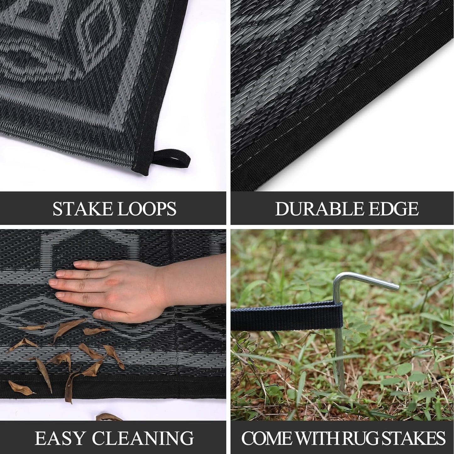 Garvee Outdoor Rug 10'x20' for Patios Clearance, Reversible Outdoor Plastic Straw Waterproof Camping Carpet, Large Area Rugs Patio Mats for Outside RV, Camper, Deck, Porch, Beach, Picnic (Black/Grey)