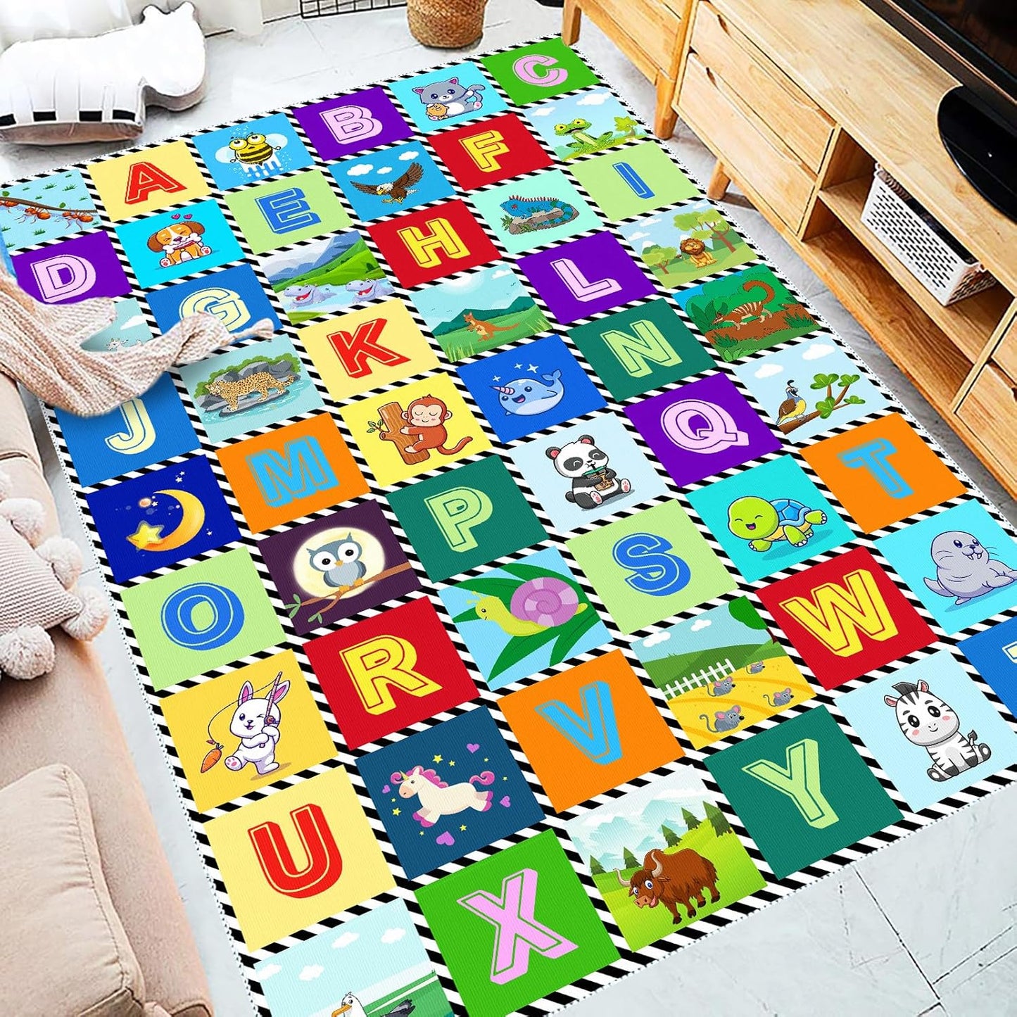 Kids Number Alphabet Game Rug - ABC Educational Area Rug - Fruit Animal Pattern for Kids Room Playroom Bedroom Kindergarten Nursery Soft Non-slip Machine Washable (Alphabet, 12' x 9' (Rectangular))