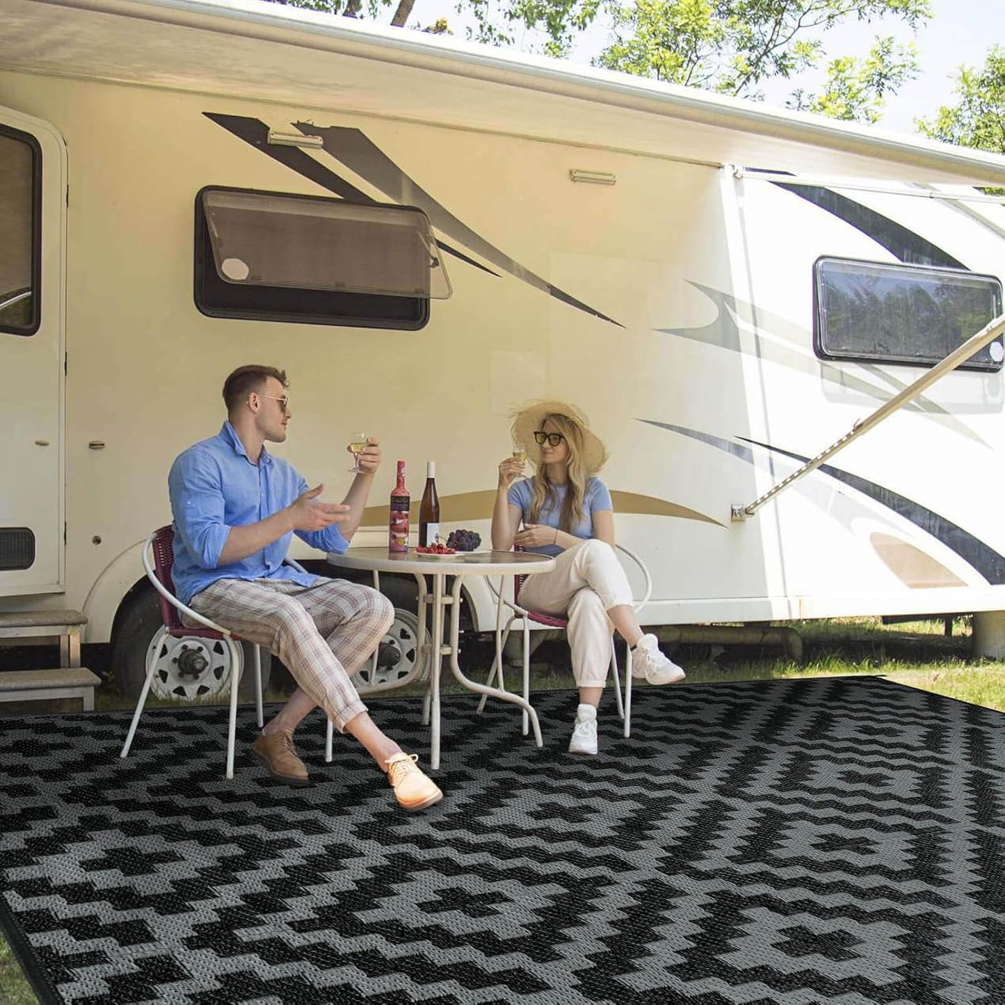 Outdoor Patio Plastic Straw Rug - 9x18 ft Outdoor Camping Rug Waterproof Reversible, Area Carpet Patios Clearance RV, Outside Porch Balcony Deck for Camper, Black & White