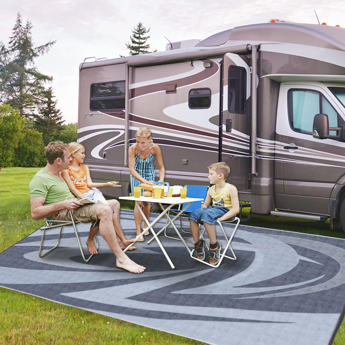 EEZ RV Products 9'x18' GW Heavy Duty Reversible/Durable Outdoor Patio/RVing Mats(9ft x18ft Grey) Come with Large Storage Bag & 6 Sets of Stakes and Washer