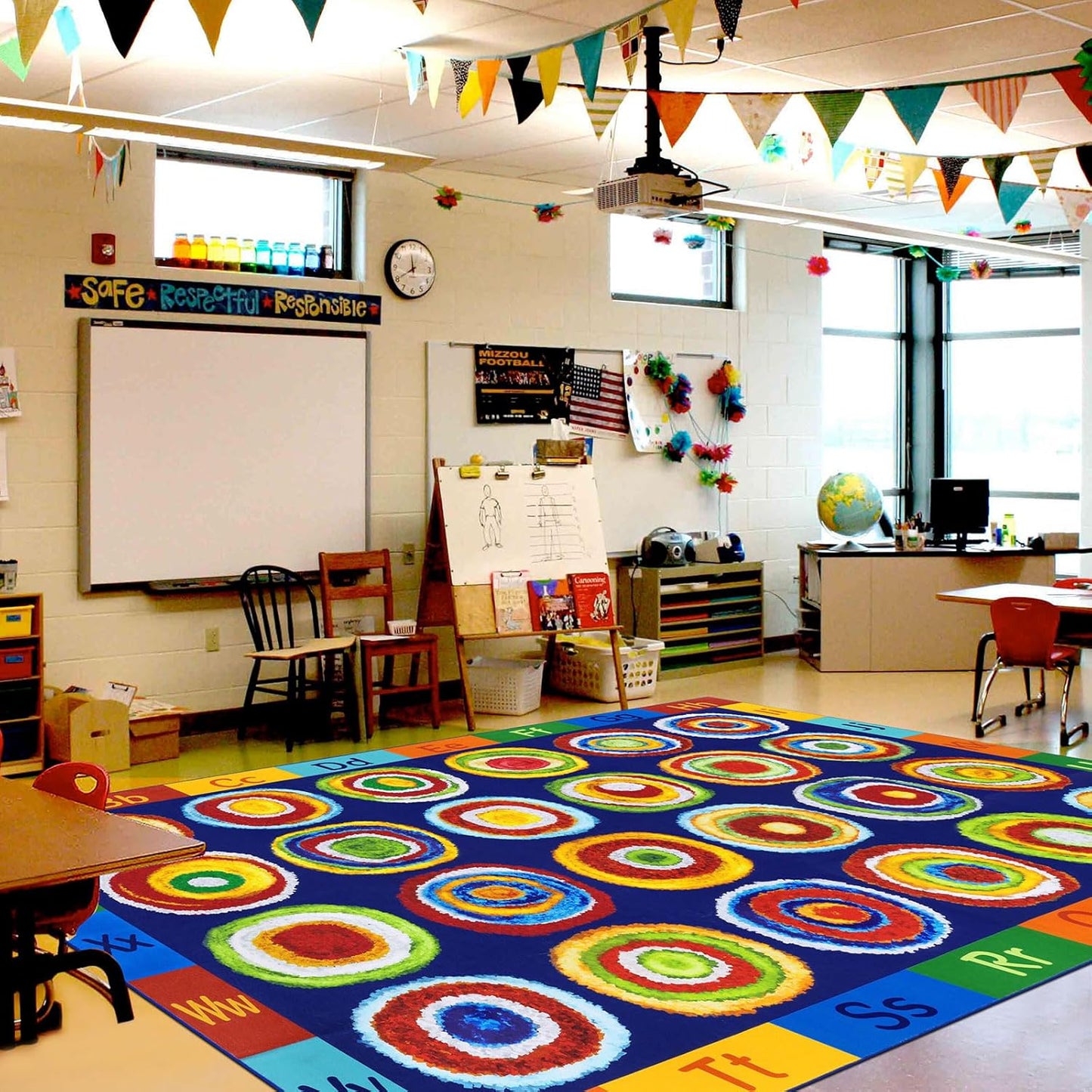 Classroom Rug 24 Seats Alphabet Educational Area Rug for Classroom Preschool Kids Room，ABC Kids Rug Rainbow Classroom Carpet, Playroom or Home Learning Floor Mat, 7'6" x 12', Deep Blue