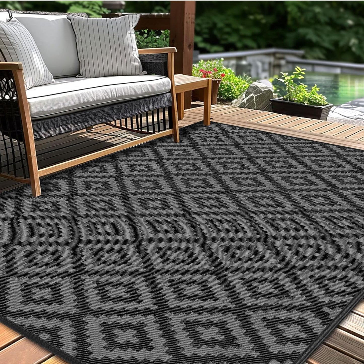 Outdoor Patio Plastic Straw Rug - 9x18 ft Outdoor Camping Rug Waterproof Reversible, Area Carpet Patios Clearance RV, Outside Porch Balcony Deck for Camper, Black & White