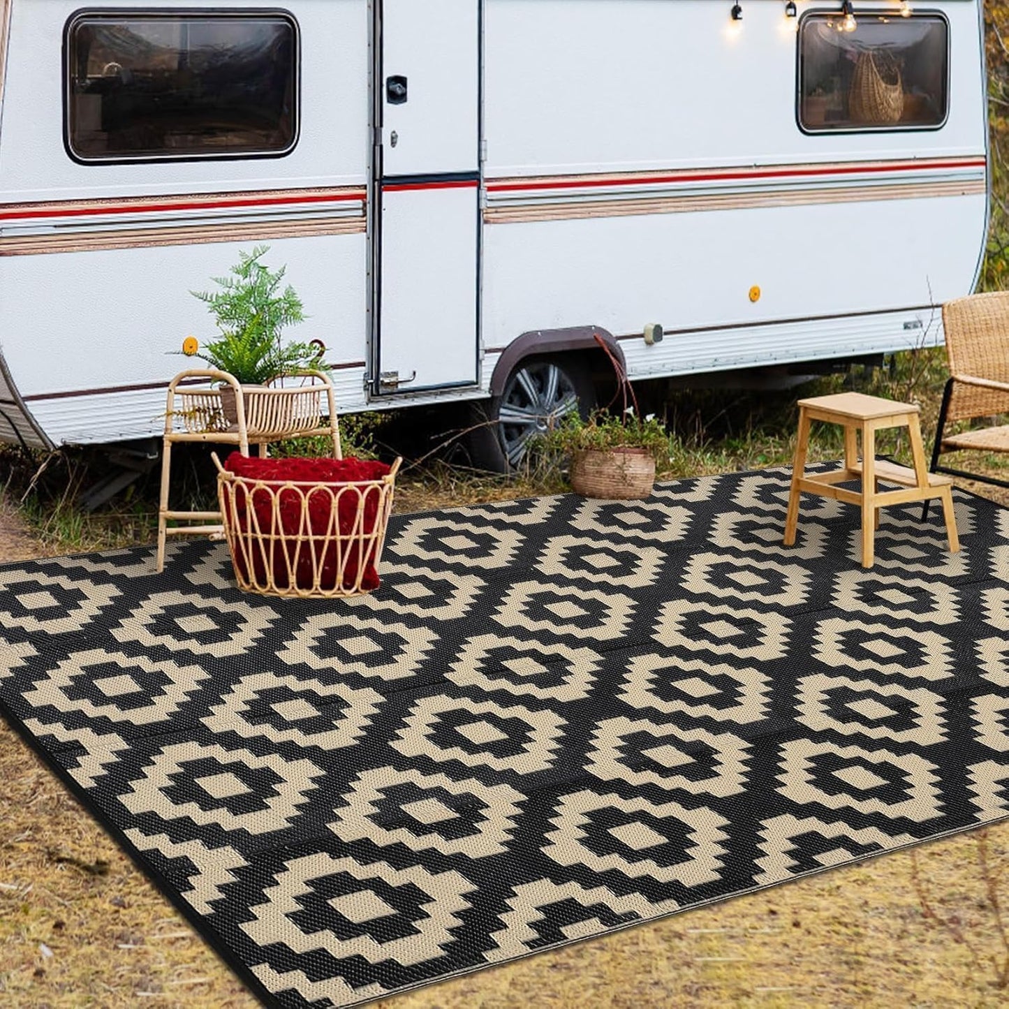 Garvee Outdoor Rug 10'x20' for Patios Clearance, Reversible Outdoor Plastic Straw Waterproof Camping Carpet, Large Area Rugs Patio Mats for Outside RV, Camper, Deck, Porch, Beach, Picnic (Black/Grey)