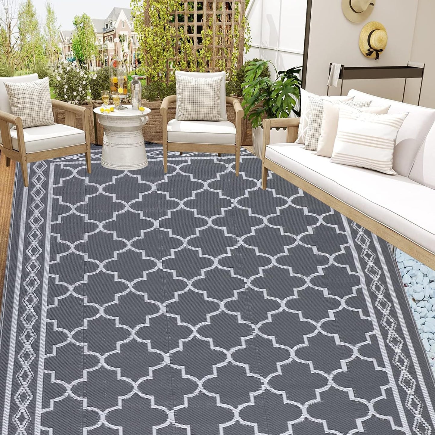 Garvee Outdoor Rug 10'x20' for Patios Clearance, Reversible Outdoor Plastic Straw Waterproof Camping Carpet, Large Area Rugs Patio Mats for Outside RV, Camper, Deck, Porch, Beach, Picnic (Black/Grey)