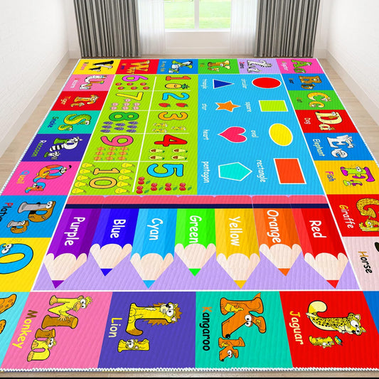 Kids Alphabet Play Game Rug - 7'x10' ABC Numbers and Shapes Educational Learning Toddler Carpet - Kids Room Playroom Classroom Kindergarten Activity Fun Soft Non-Slip Mat