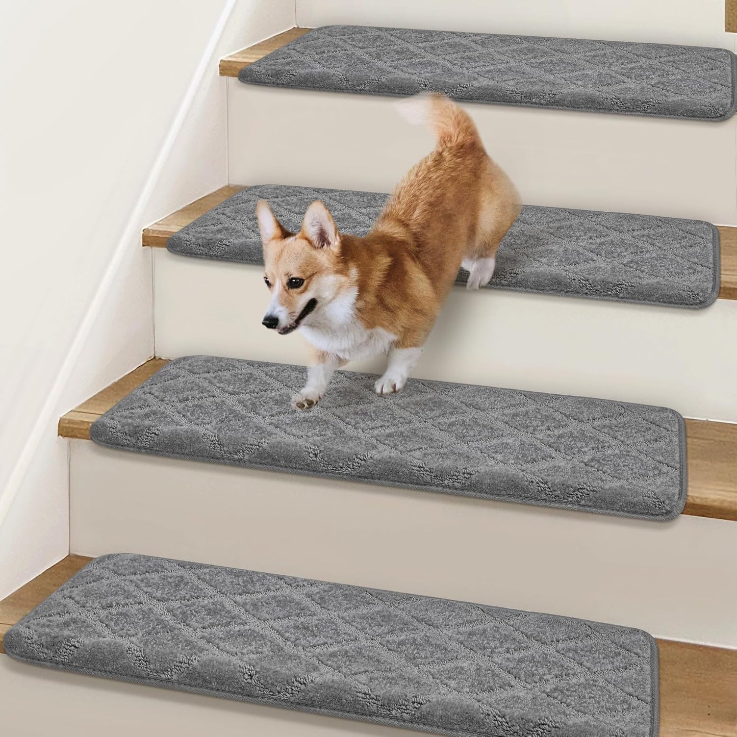 Bullnose Stair Treads Non Slip 9.5" x 32", 14 Pcs Carpet Stair Treads for Wooden Steps Indoor with Edge Protection, Reusable Peel and Stick TPU Backing Stair Runner Rugs - Diamond Pattern Grey.
