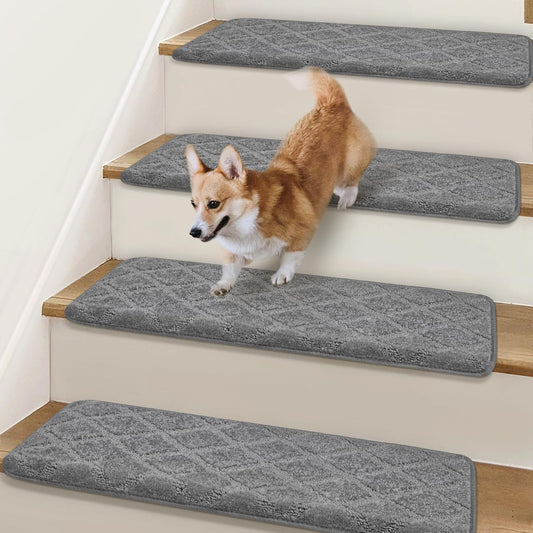Bullnose Stair Treads Non Slip 9.5" x 32", 14 Pcs Carpet Stair Treads for Wooden Steps Indoor with Edge Protection, Reusable Peel and Stick TPU Backing Stair Runner Rugs - Diamond Pattern Grey.