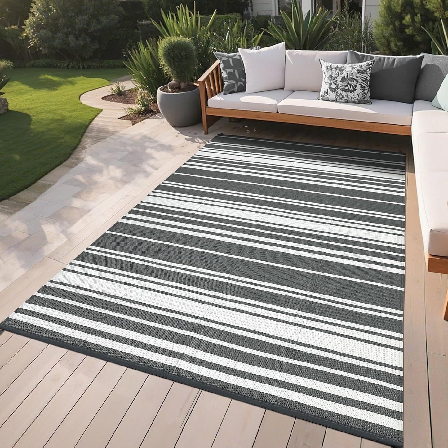 Garvee Outdoor Rug 10'x20' for Patios Clearance, Reversible Outdoor Plastic Straw Waterproof Camping Carpet, Large Area Rugs Patio Mats for Outside RV, Camper, Deck, Porch, Beach, Picnic (Black/Grey)