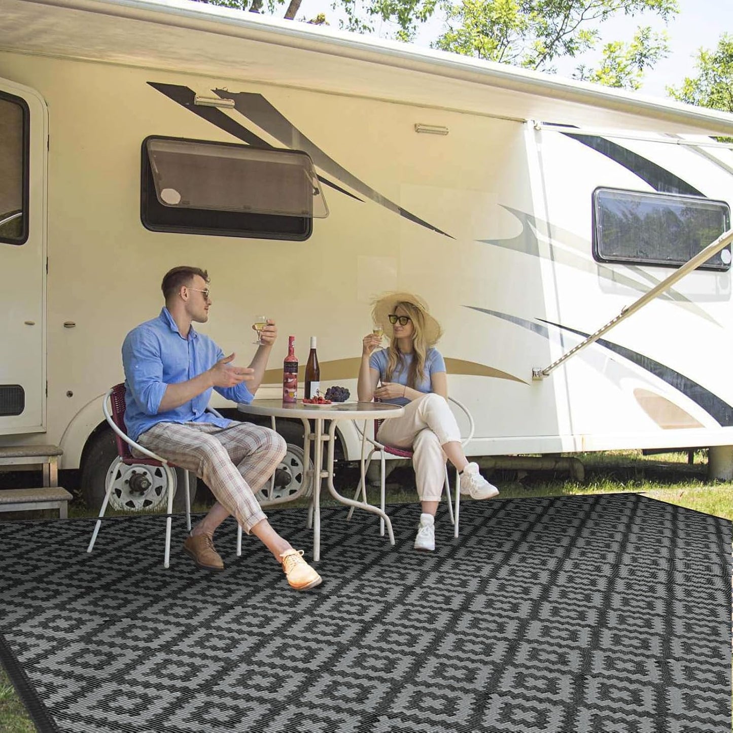 Outdoor Patio Plastic Straw Rug - 9x18 ft Outdoor Camping Rug Waterproof Reversible, Area Carpet Patios Clearance RV, Outside Porch Balcony Deck for Camper, Black & White