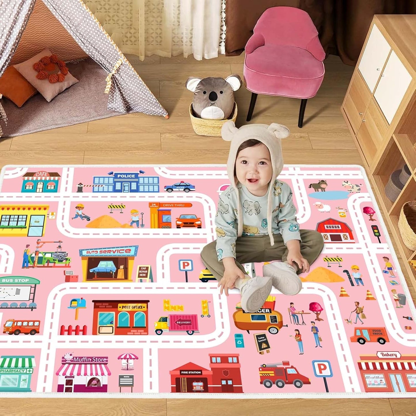 Car Play Mat - Non Slip Kids Rug for Toy Cars, Low Pile for Classroom