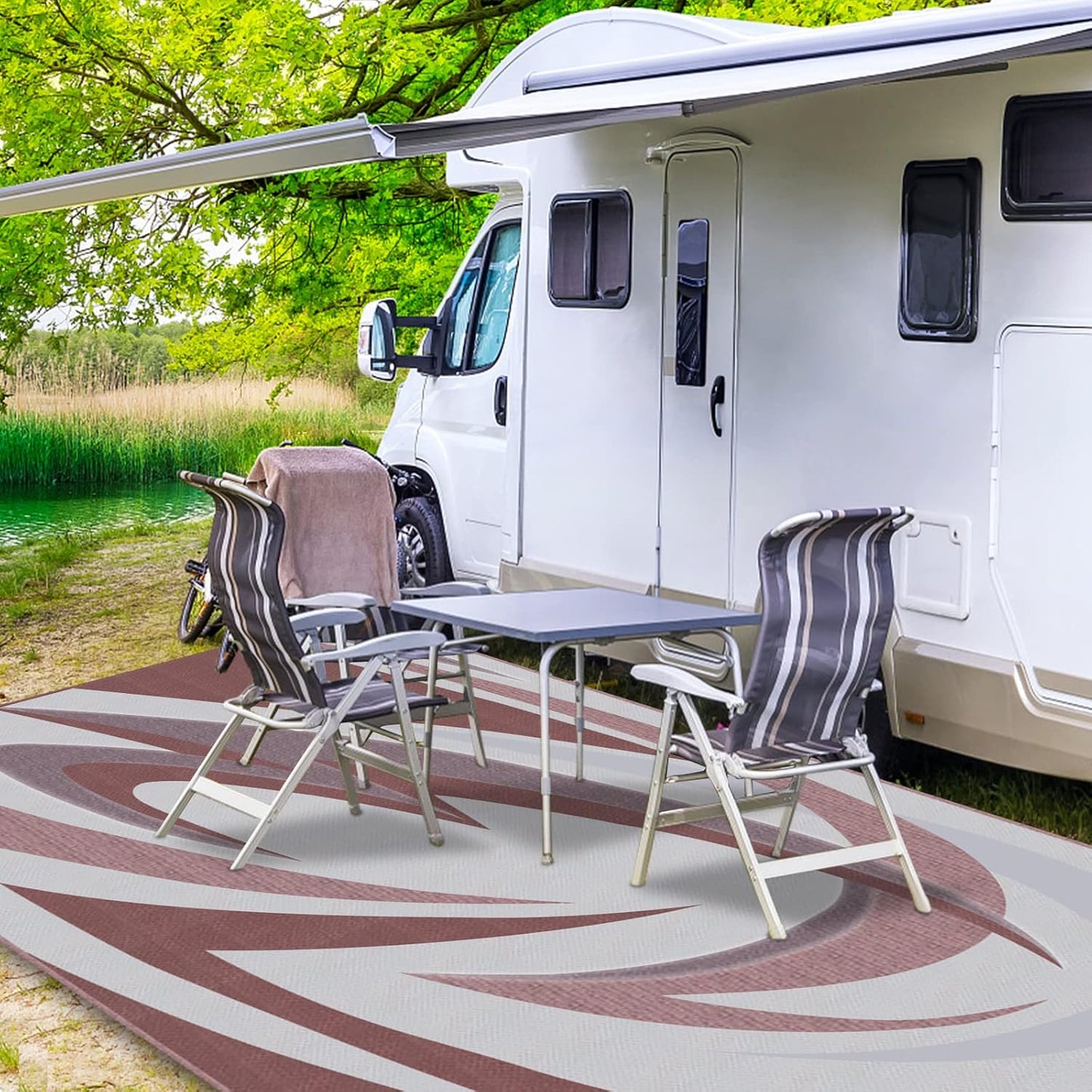 EEZ RV Products 9'x18' GW Heavy Duty Reversible/Durable Outdoor Patio/RVing Mats(9ft x18ft Grey) Come with Large Storage Bag & 6 Sets of Stakes and Washer