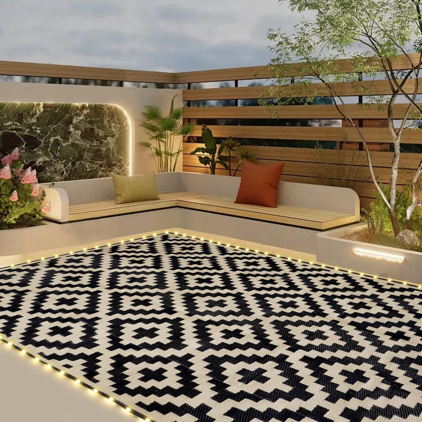 SAND MINE Waterproof Outdoor Rug 10x20 ft, Plastic Reversible Rug, Modern Area Rug, Large Floor Mat for Outdoors, RV, Patio, Backyard, Deck, Picnic, Beach, Camping, Black & Beige