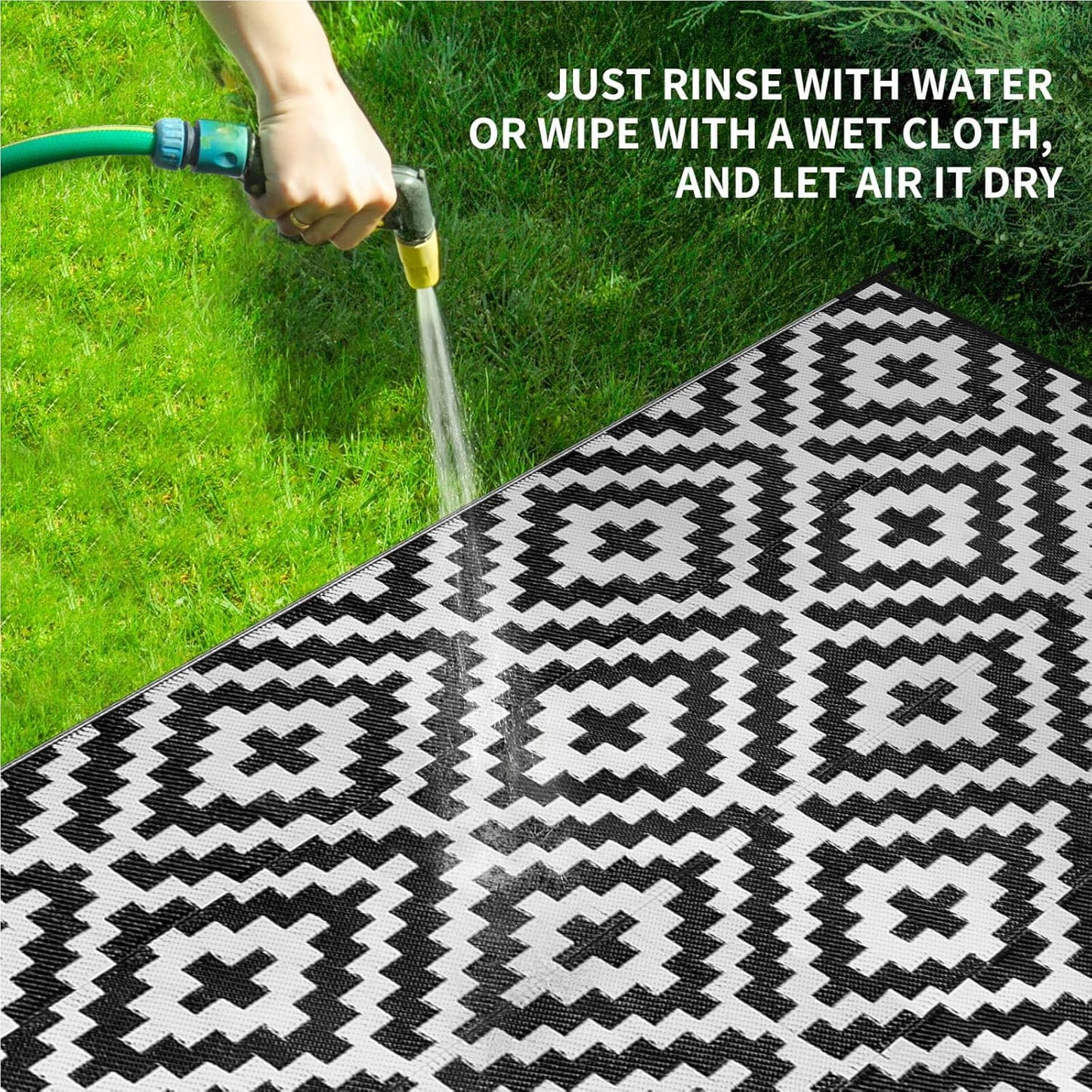Outdoor Patio Plastic Straw Rug - 9x18 ft Outdoor Camping Rug Waterproof Reversible, Area Carpet Patios Clearance RV, Outside Porch Balcony Deck for Camper, Black & White