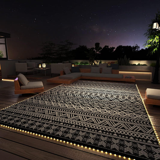 MontVoo-Outdoor Rug Carpet 8x10 ft for Patio RV Camping with Led Strip Lights Waterproof Plastic Straw Rug Reversible Portable Outside Indoor Outdoor Rug Mat for Patio Decor Balcony Picnic-Boho Rug