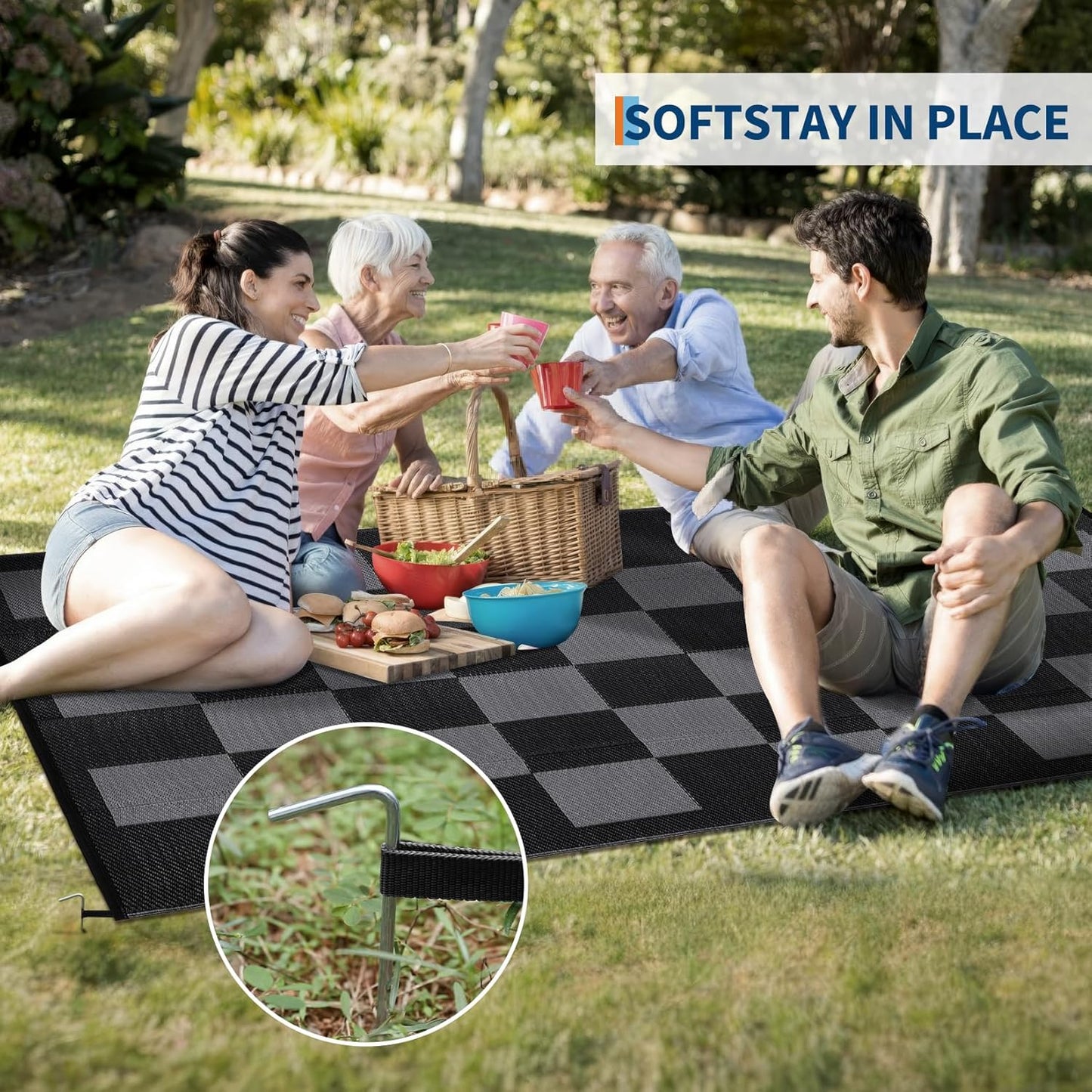 GarveeHome Large Outdoor Rug 9 x 18 Waterproof Modern Checkboard Plastic Straw Rug, Foldable Reversible Camping Mat, UV-Resistant Geometric Plaid Woven Carpet for Picnic, Deck, Black Gray
