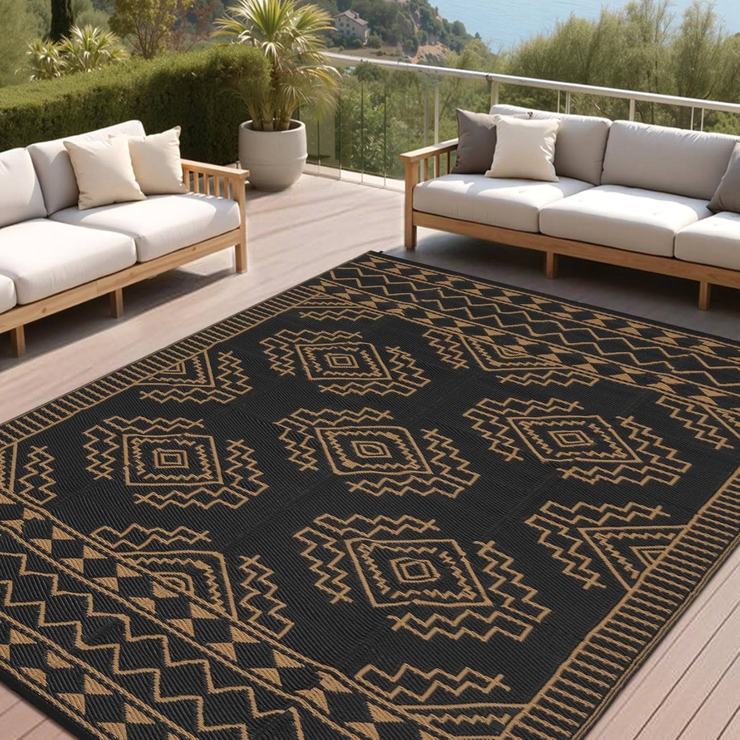 GarveeHome Large Outdoor Rug 9 x 18 Waterproof Modern Checkboard Plastic Straw Rug, Foldable Reversible Camping Mat, UV-Resistant Geometric Plaid Woven Carpet for Picnic, Deck, Black Gray