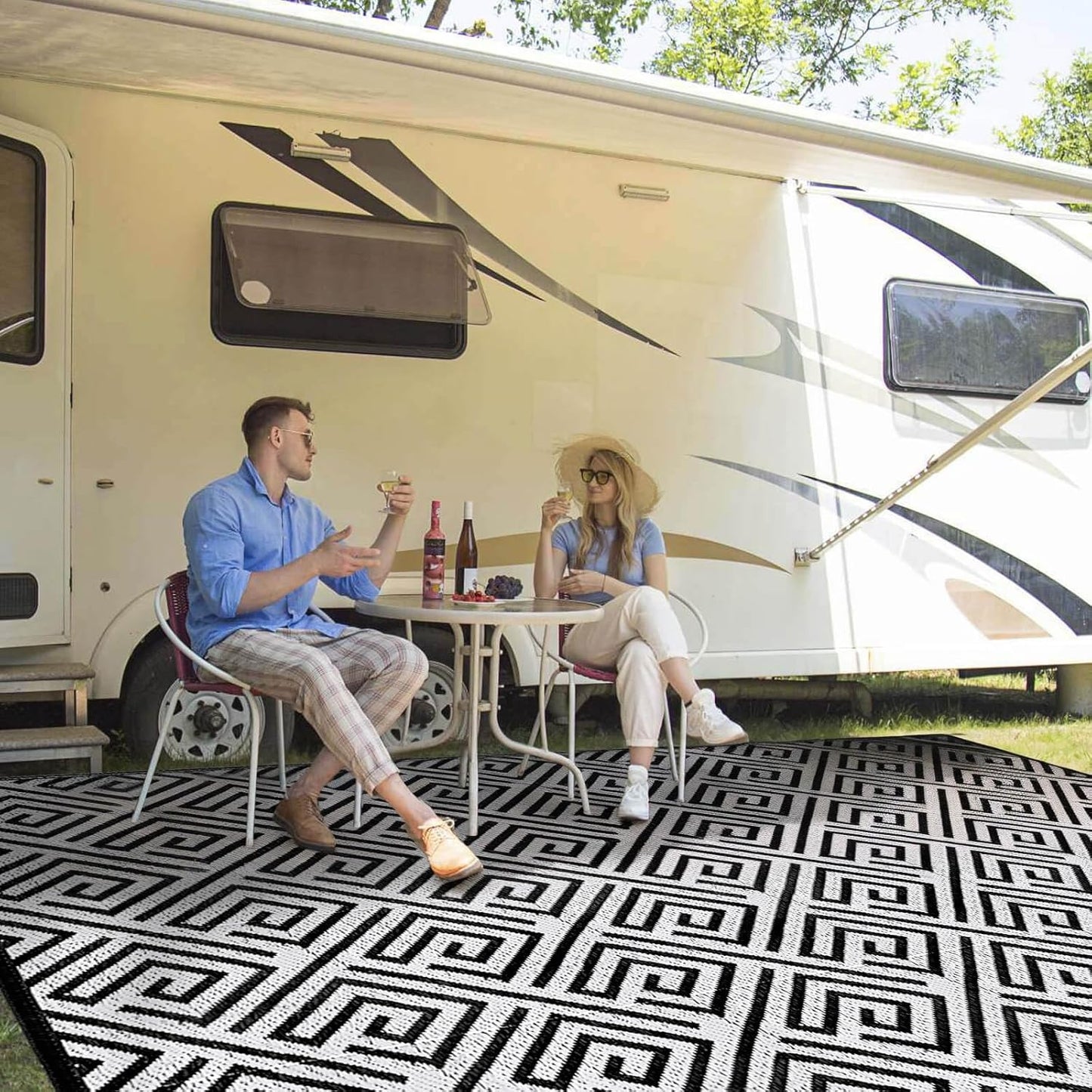 Outdoor Patio Plastic Straw Rug - 9x18 ft Outdoor Camping Rug Waterproof Reversible, Area Carpet Patios Clearance RV, Outside Porch Balcony Deck for Camper, Black & White