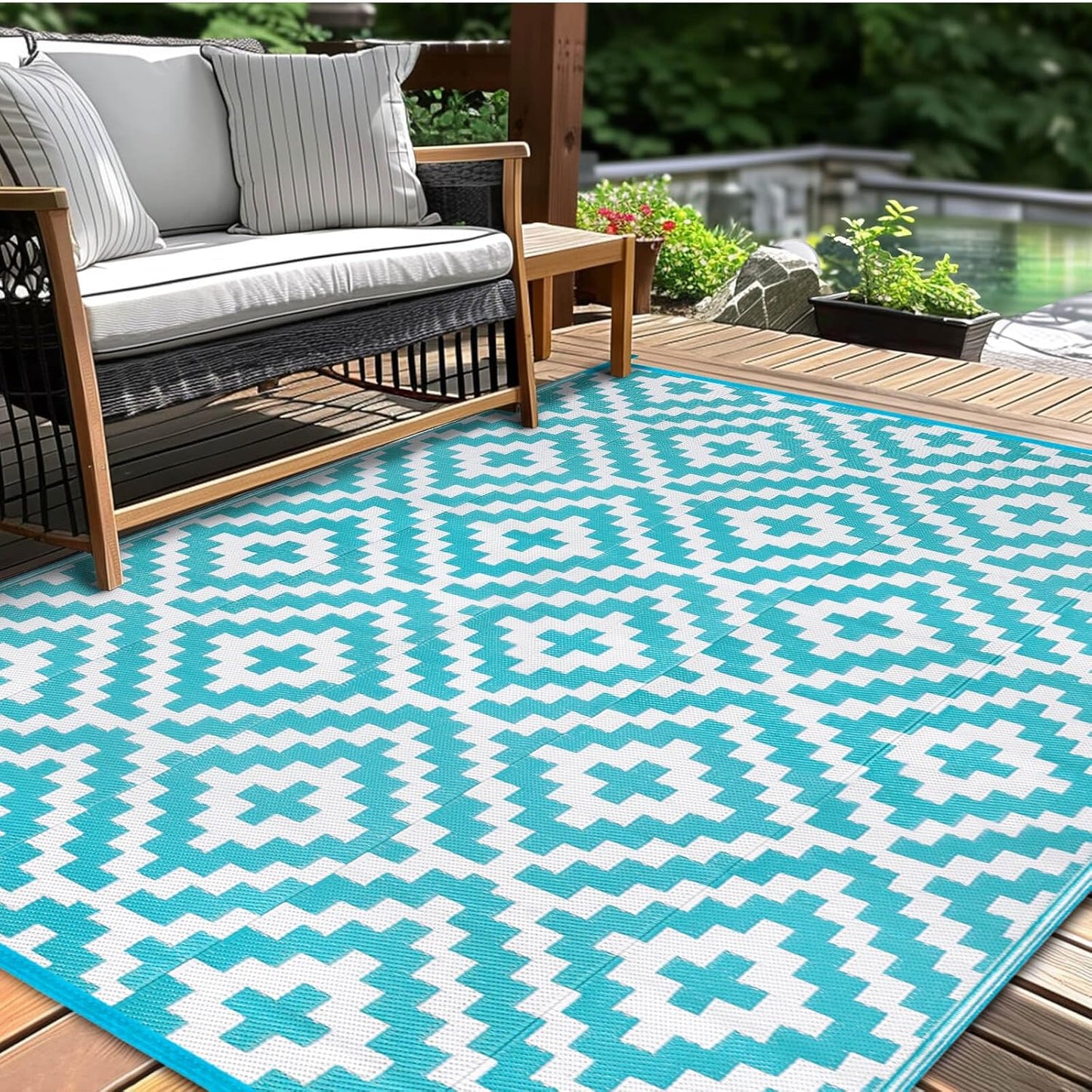 Outdoor Patio Plastic Straw Rug - 9x18 ft Outdoor Camping Rug Waterproof Reversible, Area Carpet Patios Clearance RV, Outside Porch Balcony Deck for Camper, Black & White