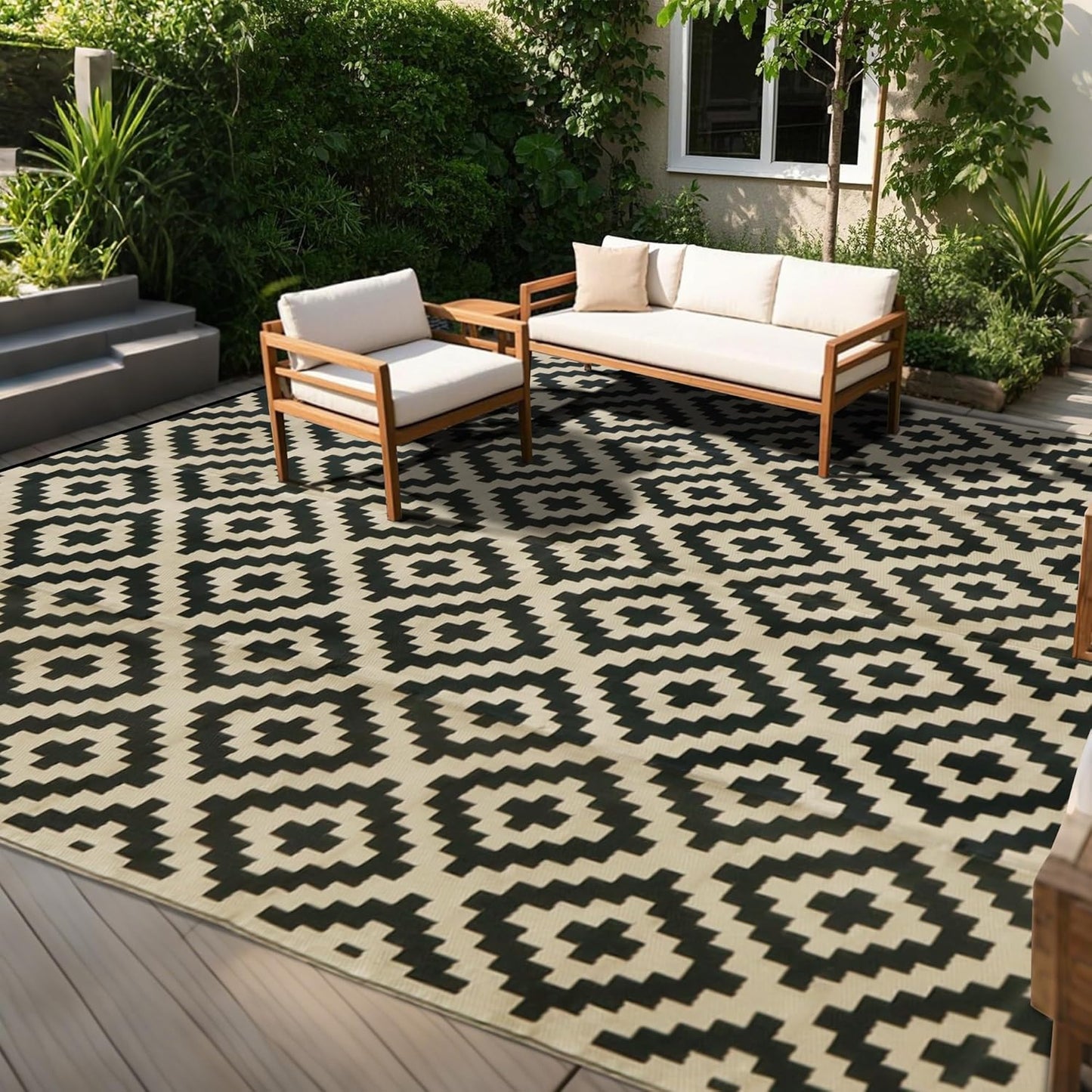 SAND MINE Waterproof Outdoor Rug 10x20 ft, Plastic Reversible Rug, Modern Area Rug, Large Floor Mat for Outdoors, RV, Patio, Backyard, Deck, Picnic, Beach, Camping, Black & Beige
