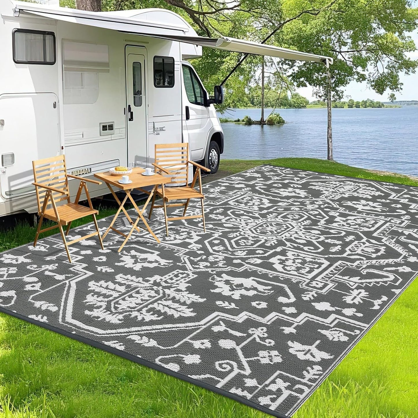 Garvee Outdoor Rug 10'x20' for Patios Clearance, Reversible Outdoor Plastic Straw Waterproof Camping Carpet, Large Area Rugs Patio Mats for Outside RV, Camper, Deck, Porch, Beach, Picnic (Black/Grey)
