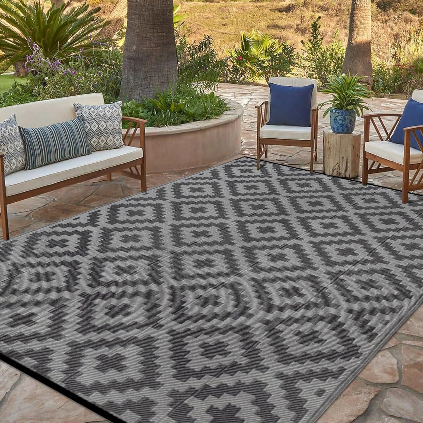 SAND MINE Waterproof Outdoor Rug 10x20 ft, Plastic Reversible Rug, Modern Area Rug, Large Floor Mat for Outdoors, RV, Patio, Backyard, Deck, Picnic, Beach, Camping, Black & Beige