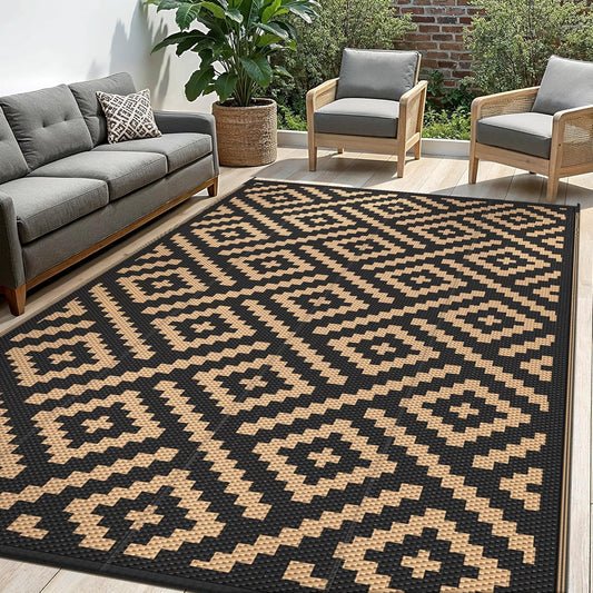 Outdoor Rug for Patio - Waterproof Plastic Straw Camping Rugs 10x14 ft, Reversible Outdoor Indoor RV Mat Carpet for Patio, Porch, Deck, Balcony, Picnic, Beach, Black Brown