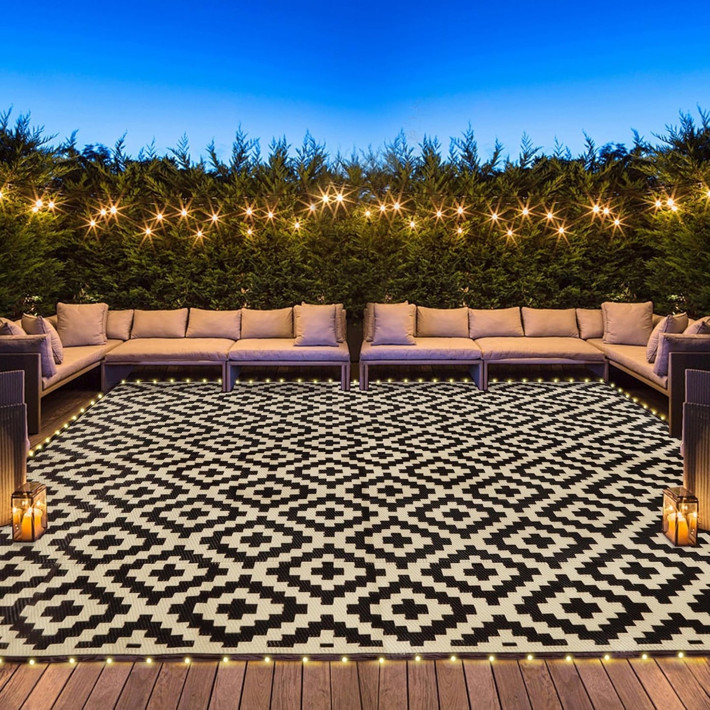 SAND MINE Waterproof Outdoor Rug 10x20 ft, Plastic Reversible Rug, Modern Area Rug, Large Floor Mat for Outdoors, RV, Patio, Backyard, Deck, Picnic, Beach, Camping, Black & Beige