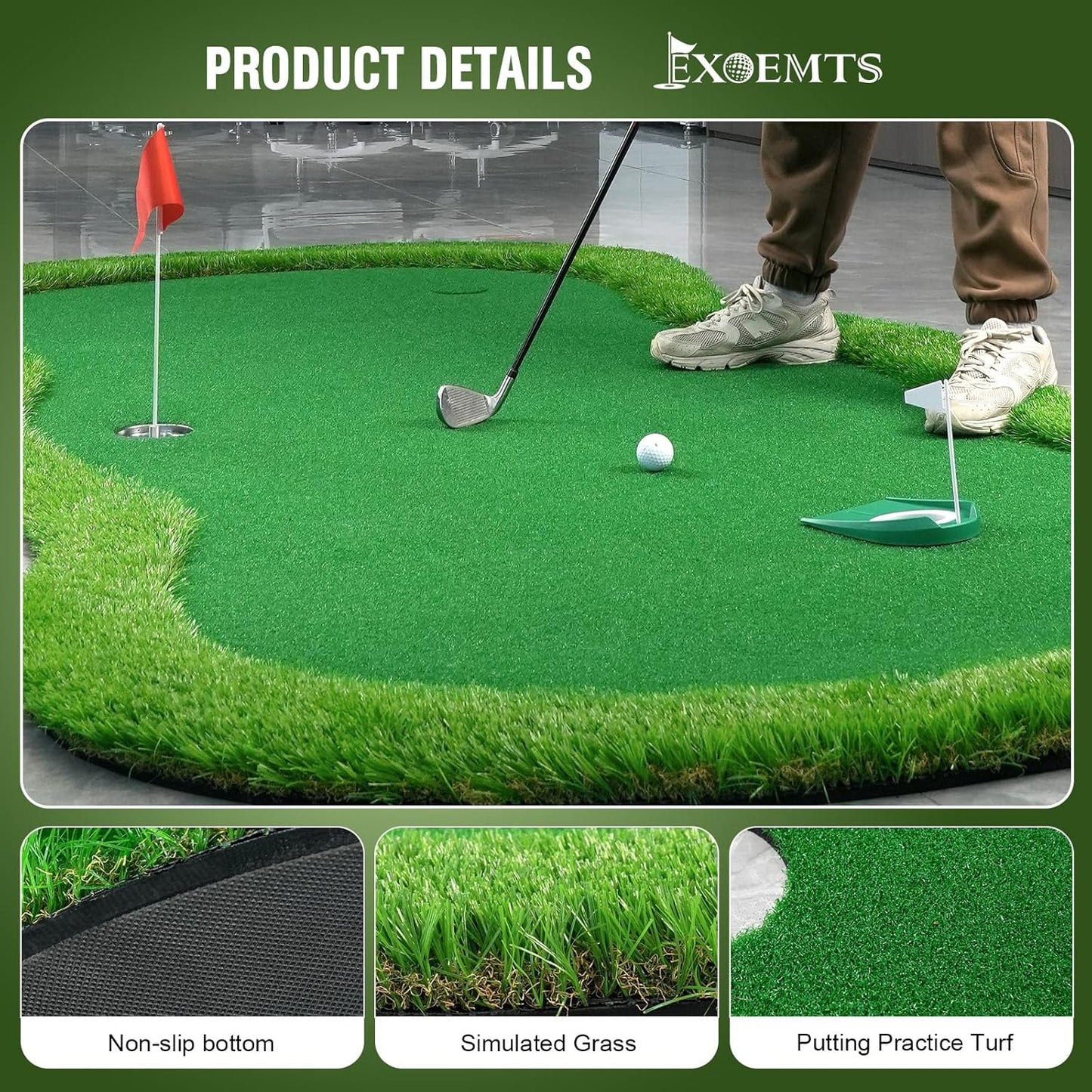 Thickened Realistic Golf Putting Green, 5 x 10ft Professional Golf Practice Training Mat for Indoor Outdoor, 3 Holes, Long Challenging Game Green Mat for Children with Training Aid Put Cup