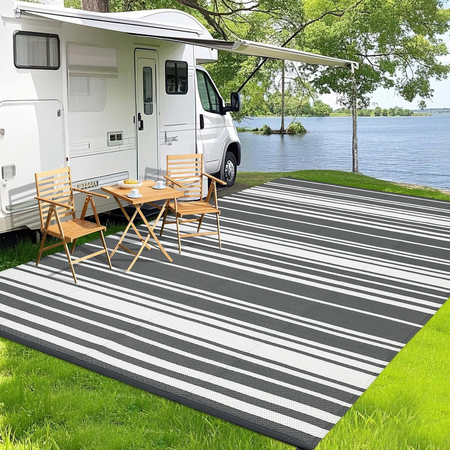 Garvee Outdoor Rug 10'x20' for Patios Clearance, Reversible Outdoor Plastic Straw Waterproof Camping Carpet, Large Area Rugs Patio Mats for Outside RV, Camper, Deck, Porch, Beach, Picnic (Black/Grey)