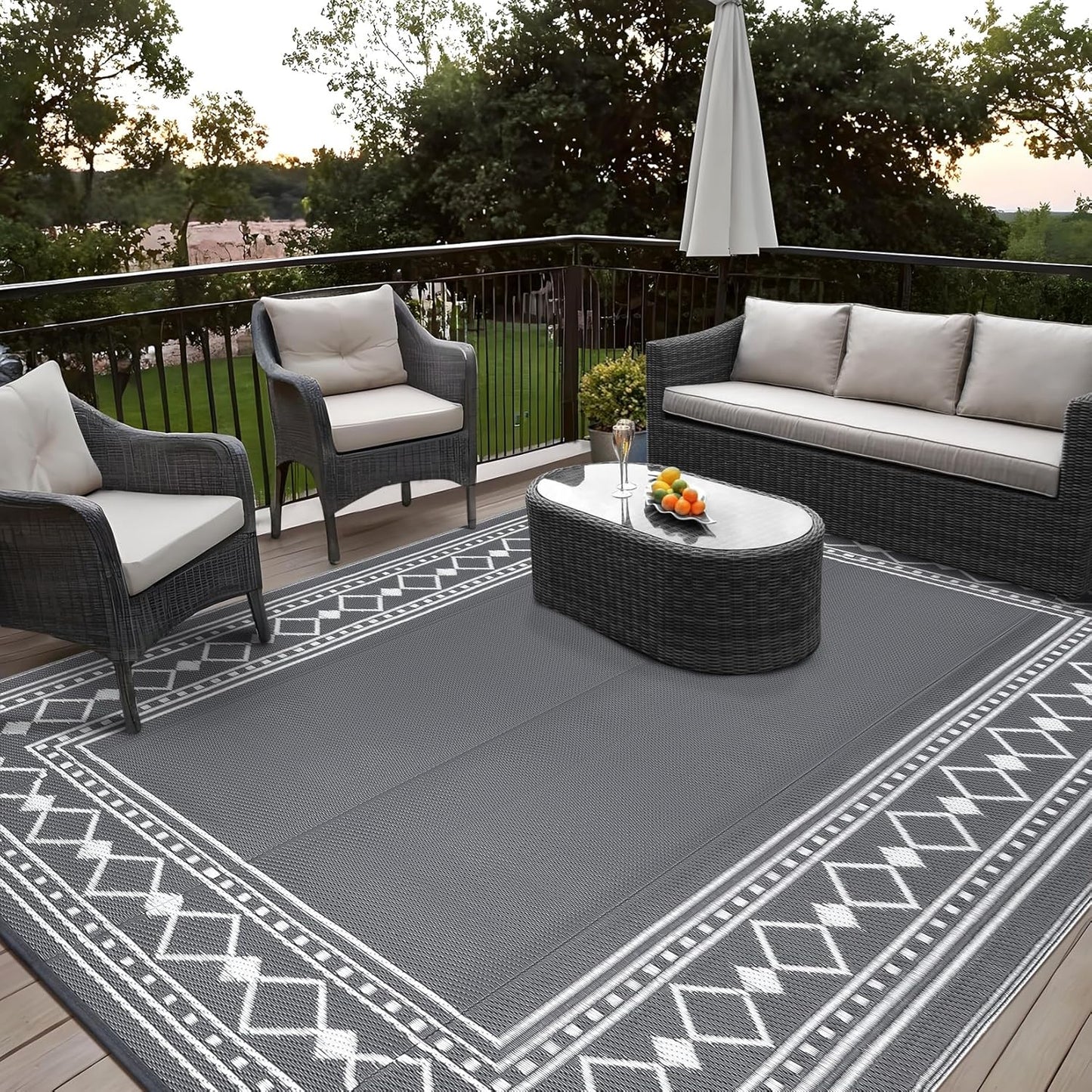 Garvee Outdoor Rug 10'x20' for Patios Clearance, Reversible Outdoor Plastic Straw Waterproof Camping Carpet, Large Area Rugs Patio Mats for Outside RV, Camper, Deck, Porch, Beach, Picnic (Black/Grey)