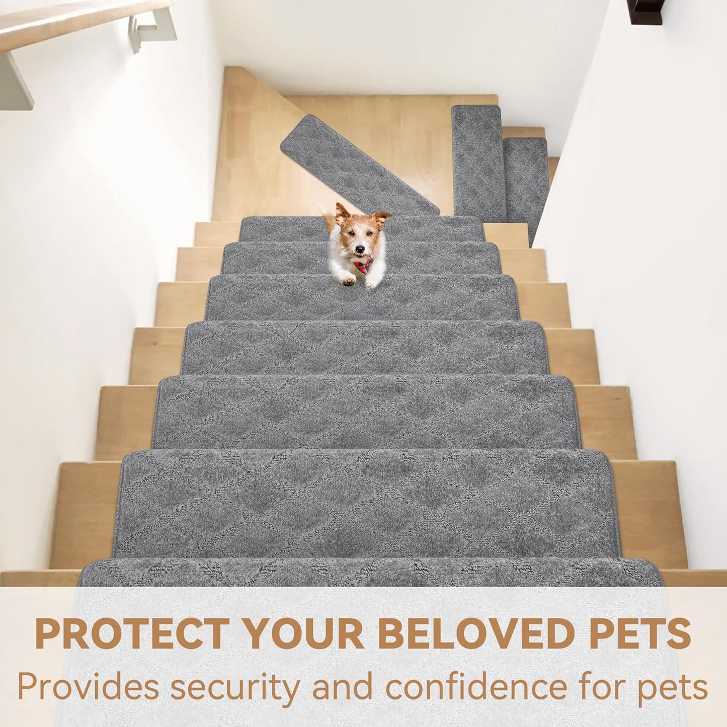 Bullnose Stair Treads Non Slip 9.5" x 32", 14 Pcs Carpet Stair Treads for Wooden Steps Indoor with Edge Protection, Reusable Peel and Stick TPU Backing Stair Runner Rugs - Diamond Pattern Grey.