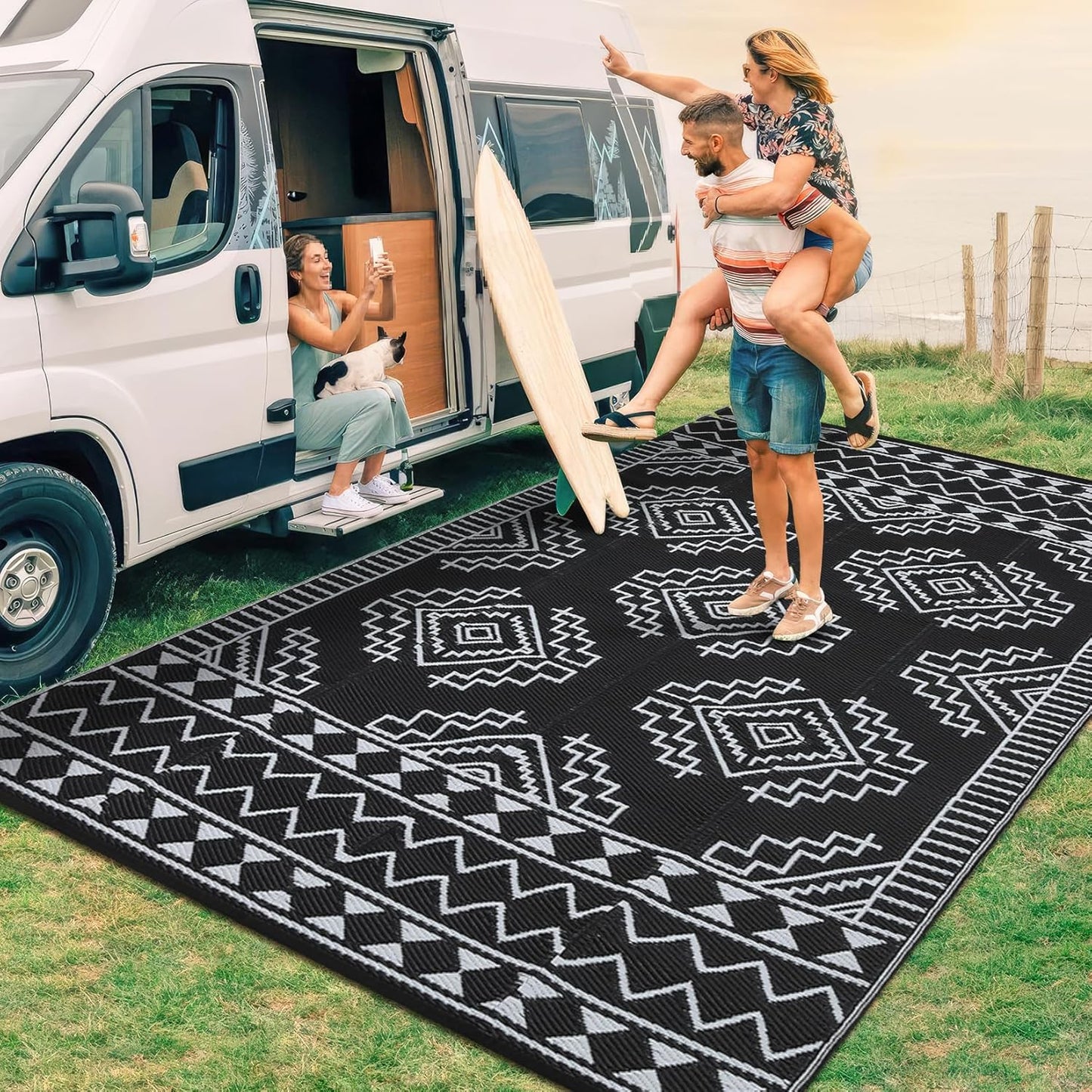 GarveeHome Large Outdoor Rug 9 x 18 Waterproof Modern Checkboard Plastic Straw Rug, Foldable Reversible Camping Mat, UV-Resistant Geometric Plaid Woven Carpet for Picnic, Deck, Black Gray