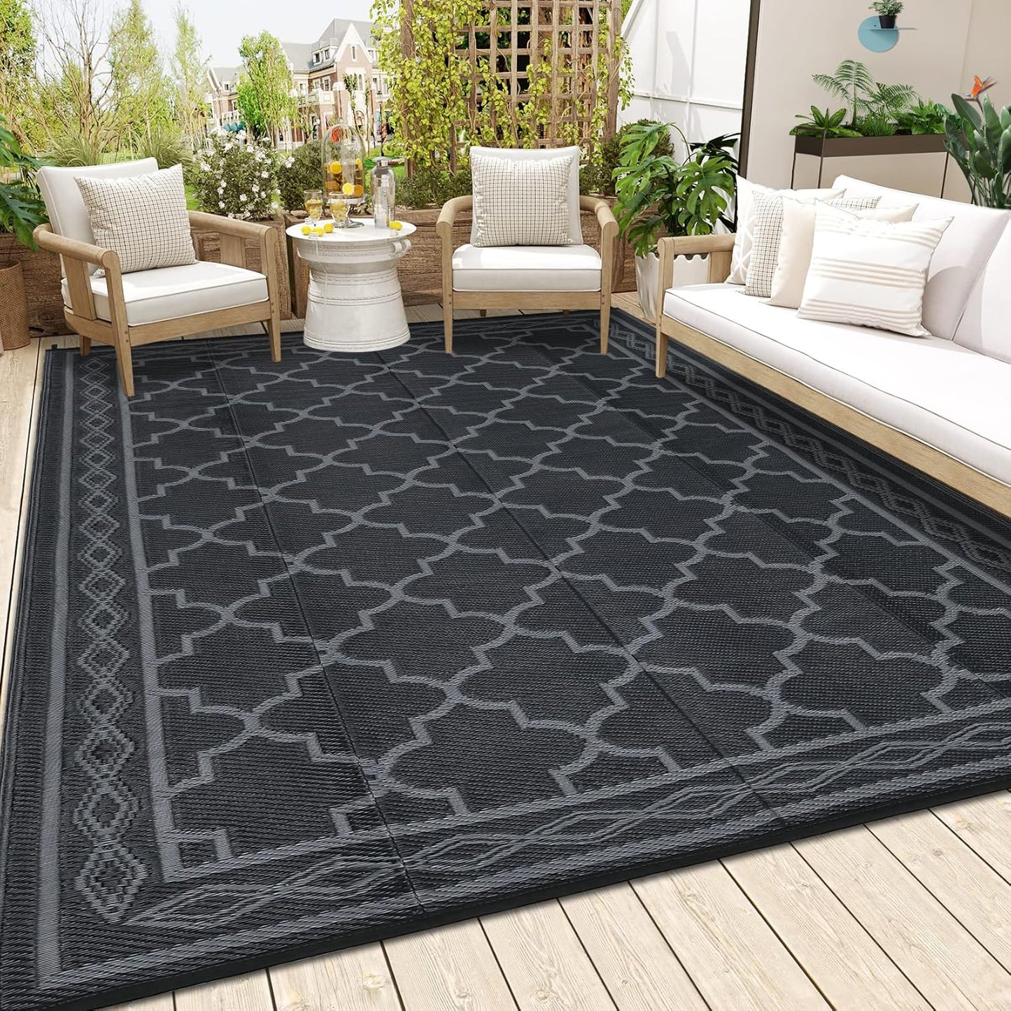 Garvee Outdoor Rug 10'x20' for Patios Clearance, Reversible Outdoor Plastic Straw Waterproof Camping Carpet, Large Area Rugs Patio Mats for Outside RV, Camper, Deck, Porch, Beach, Picnic (Black/Grey)