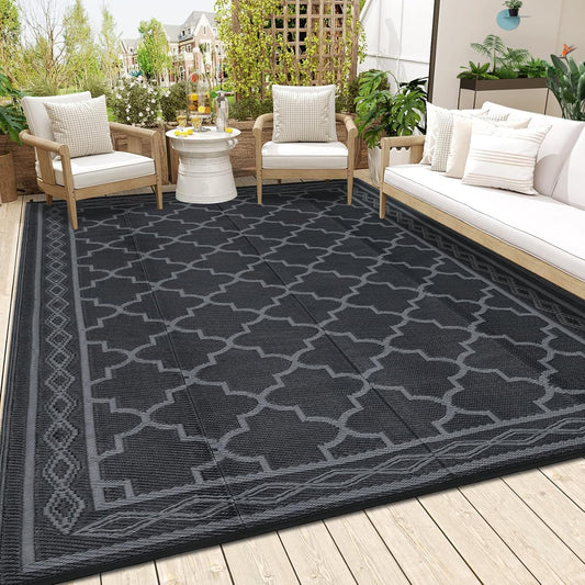 Garvee Outdoor Rug 10'x20' for Patios Clearance, Reversible Outdoor Plastic Straw Waterproof Camping Carpet, Large Area Rugs Patio Mats for Outside RV, Camper, Deck, Porch, Beach, Picnic (Black/Grey)