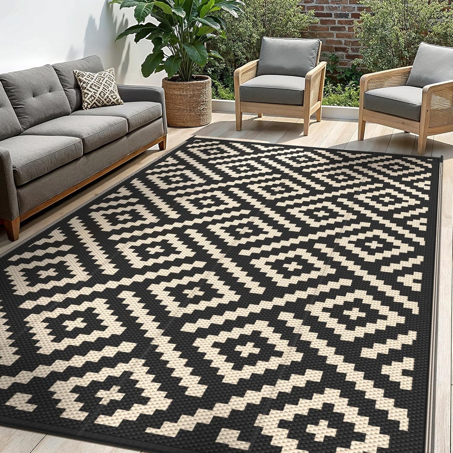 Outdoor Rug for Patio - Waterproof Plastic Straw Camping Rugs 10x14 ft, Reversible Outdoor Indoor RV Mat Carpet for Patio, Porch, Deck, Balcony, Picnic, Beach, Black Brown
