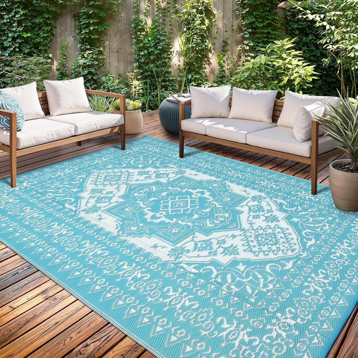 GAOMON Extra Large Outdoor Rug 10x20 Waterproof Plastic Straw Rug Reversible Leaves Patio Carpet, Foldable Portable Picnic Camping Mat with Bag & Stakes, Outside Carpet for Balcony Garden Yard, Blue