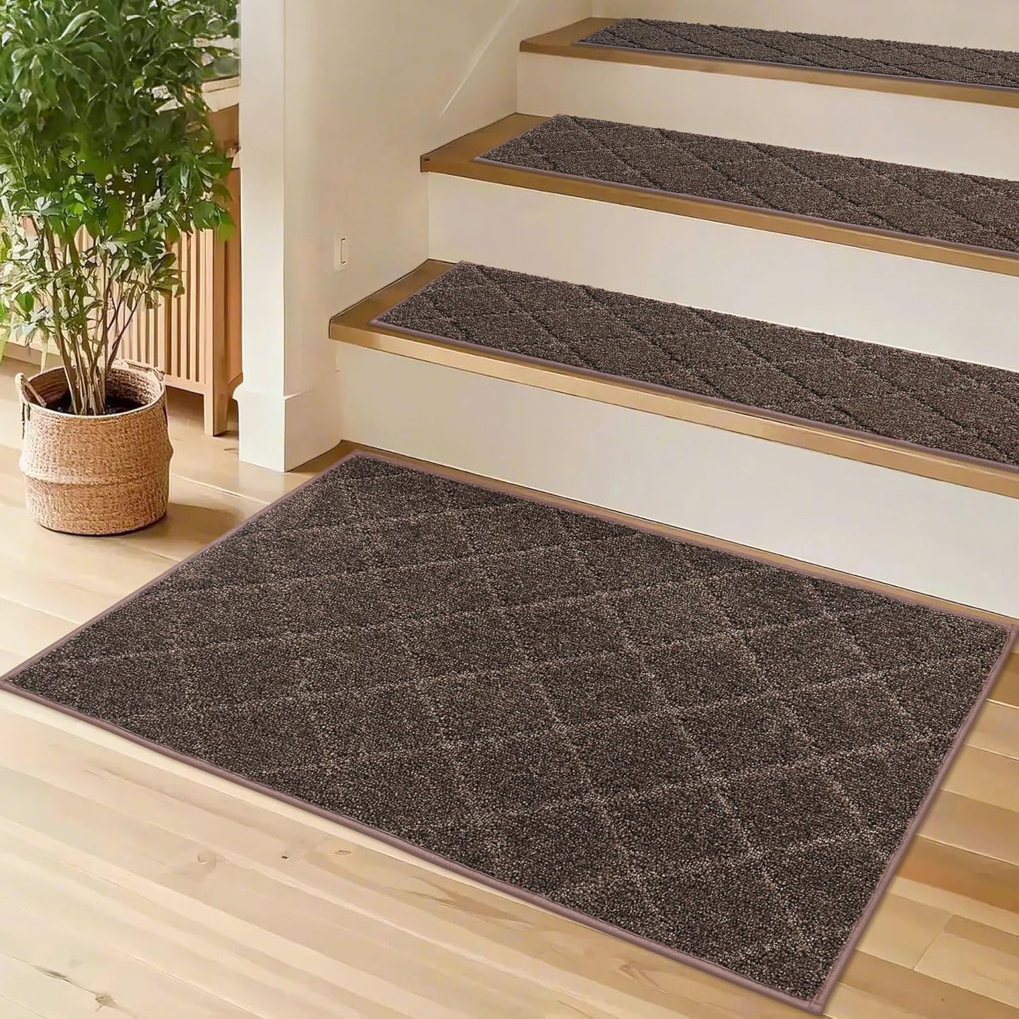 COSY HOMEER Edging Stair Treads Non-Slip Carpet Mat 28inX9in Indoor Stair Runners for Wooden Steps, Edging Stair Rugs for Kids and Dogs, 100% Polyester TPE Backing (15pc, Beige)
