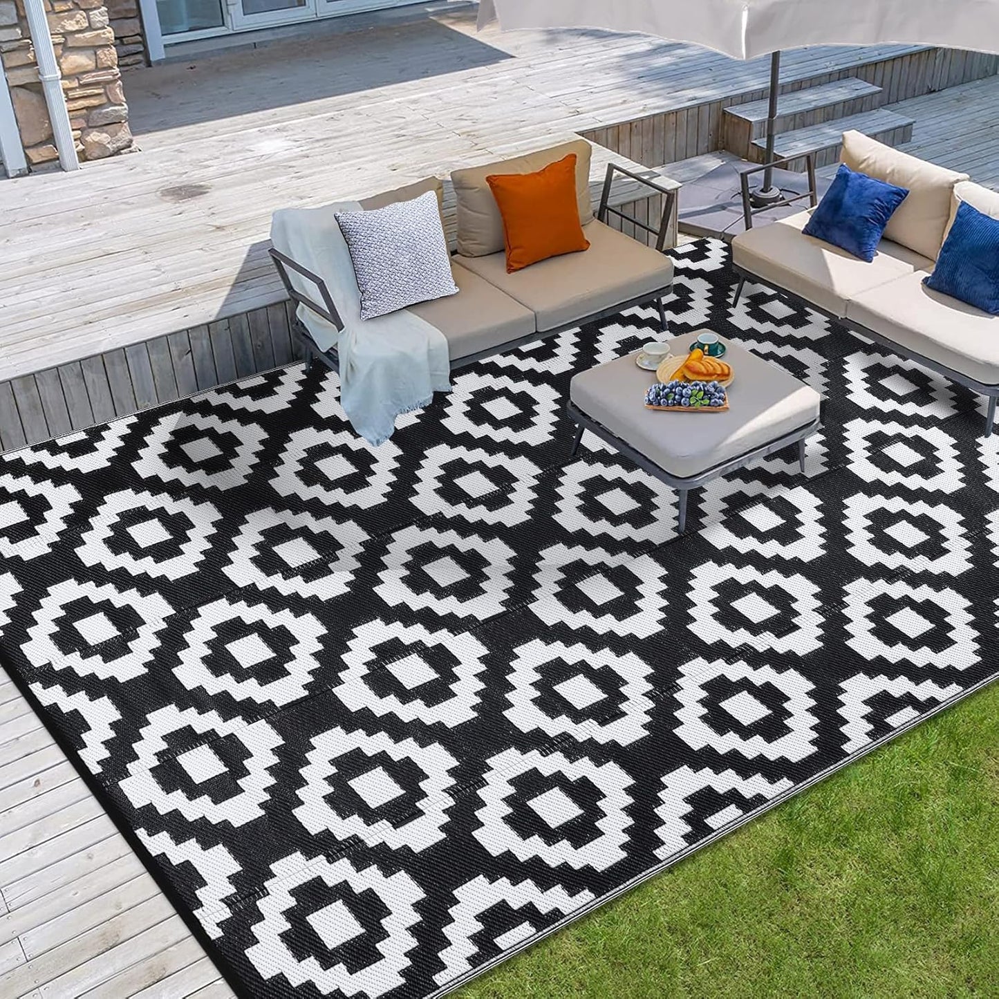 Garvee Outdoor Rug 10'x20' for Patios Clearance, Reversible Outdoor Plastic Straw Waterproof Camping Carpet, Large Area Rugs Patio Mats for Outside RV, Camper, Deck, Porch, Beach, Picnic (Black/Grey)