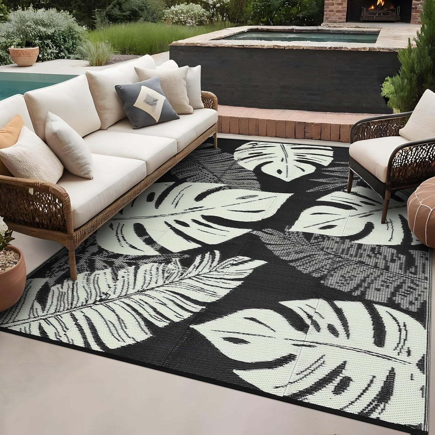 GAOMON Extra Large Outdoor Rug 10x20 Waterproof Plastic Straw Rug Reversible Leaves Patio Carpet, Foldable Portable Picnic Camping Mat with Bag & Stakes, Outside Carpet for Balcony Garden Yard, Blue