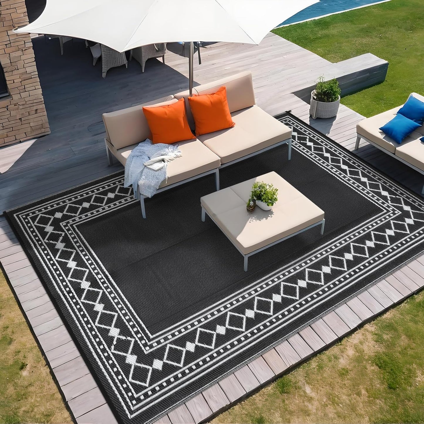 Garvee Outdoor Rug 10'x20' for Patios Clearance, Reversible Outdoor Plastic Straw Waterproof Camping Carpet, Large Area Rugs Patio Mats for Outside RV, Camper, Deck, Porch, Beach, Picnic (Black/Grey)