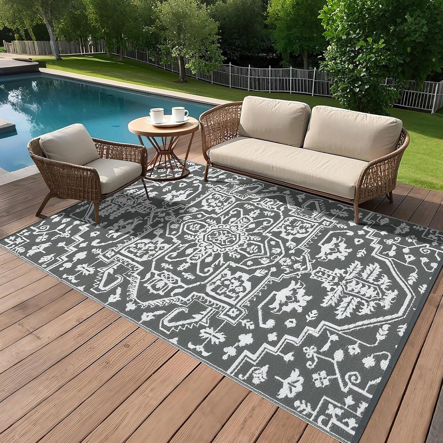 Garvee Outdoor Rug 10'x20' for Patios Clearance, Reversible Outdoor Plastic Straw Waterproof Camping Carpet, Large Area Rugs Patio Mats for Outside RV, Camper, Deck, Porch, Beach, Picnic (Black/Grey)