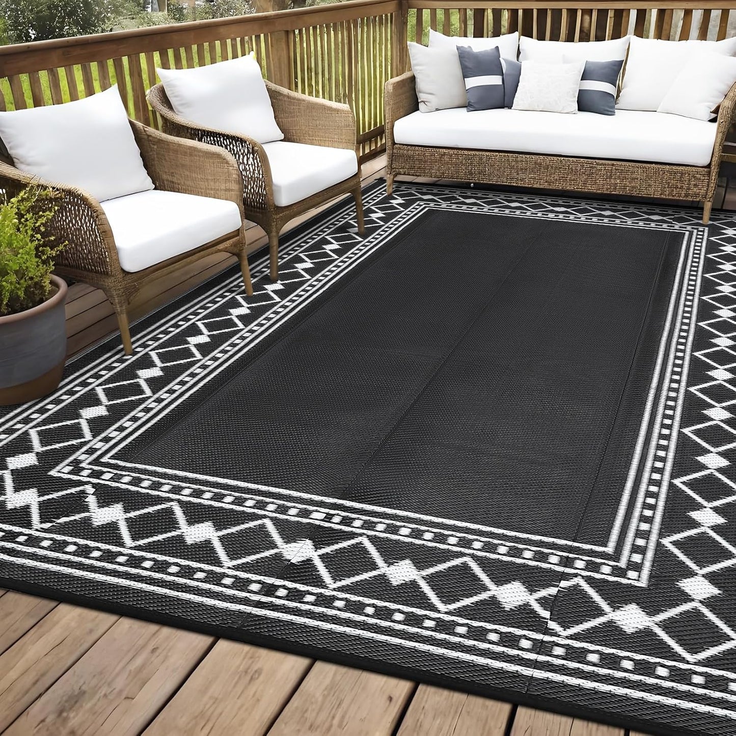 Garvee Outdoor Rug 10'x20' for Patios Clearance, Reversible Outdoor Plastic Straw Waterproof Camping Carpet, Large Area Rugs Patio Mats for Outside RV, Camper, Deck, Porch, Beach, Picnic (Black/Grey)