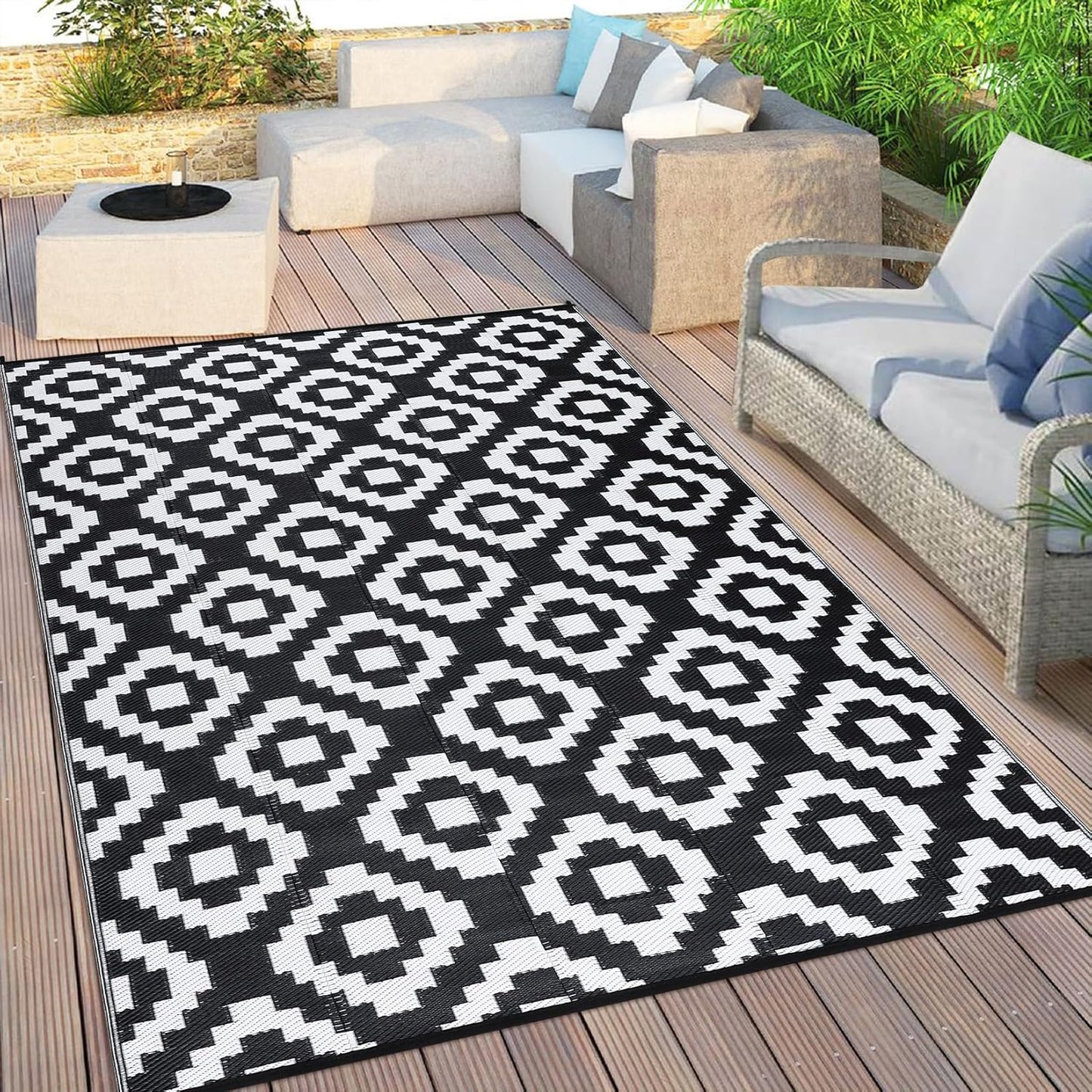 Garvee Outdoor Rug 10'x20' for Patios Clearance, Reversible Outdoor Plastic Straw Waterproof Camping Carpet, Large Area Rugs Patio Mats for Outside RV, Camper, Deck, Porch, Beach, Picnic (Black/Grey)