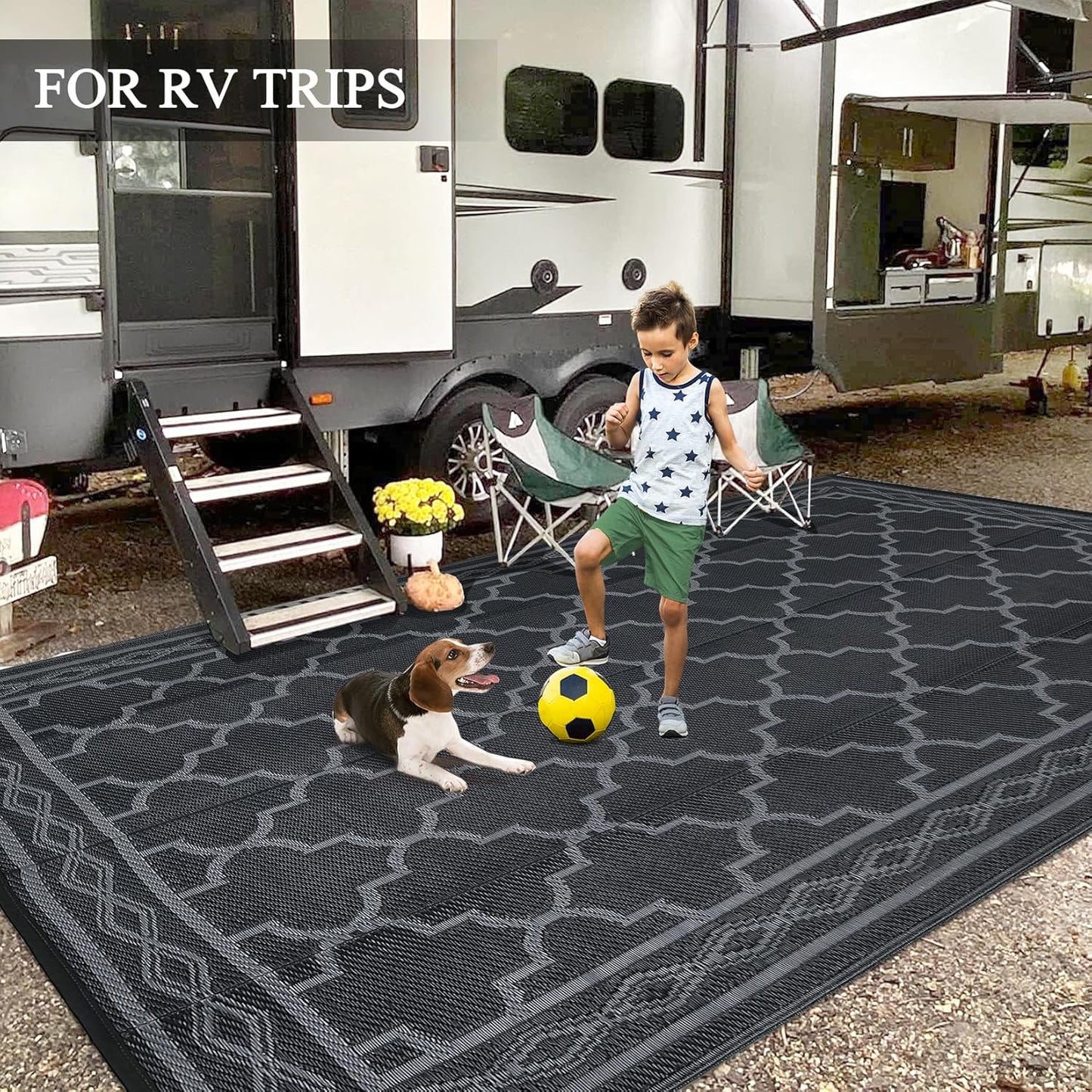 Garvee Outdoor Rug 10'x20' for Patios Clearance, Reversible Outdoor Plastic Straw Waterproof Camping Carpet, Large Area Rugs Patio Mats for Outside RV, Camper, Deck, Porch, Beach, Picnic (Black/Grey)